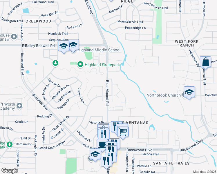 map of restaurants, bars, coffee shops, grocery stores, and more near 2653 North Blue Mound Road in Fort Worth
