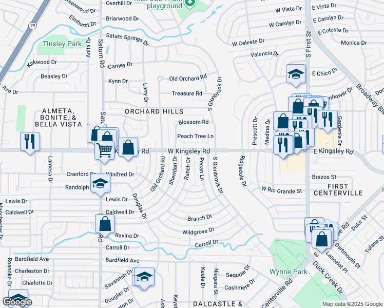 map of restaurants, bars, coffee shops, grocery stores, and more near 3102 Ranch Dr in Garland
