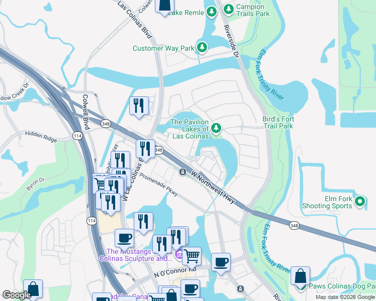 map of restaurants, bars, coffee shops, grocery stores, and more near 401 West Northwest Highway in Irving