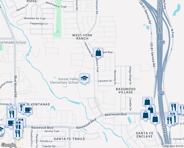 map of restaurants, bars, coffee shops, grocery stores, and more near 2101 Speckle Drive in Fort Worth