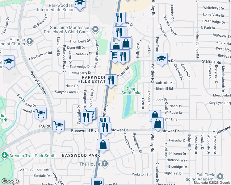 map of restaurants, bars, coffee shops, grocery stores, and more near 7428 Denton Highway in Watauga