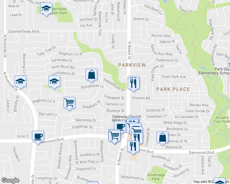 map of restaurants, bars, coffee shops, grocery stores, and more near 4340 Spindletree Lane in Fort Worth