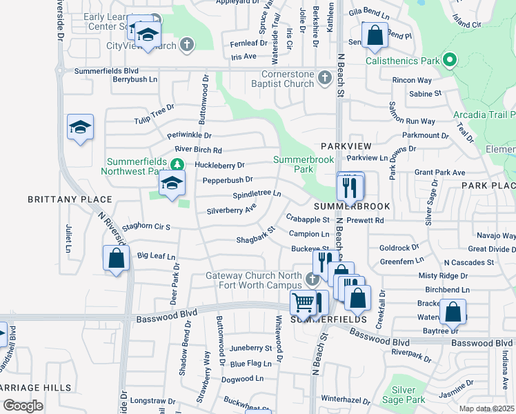 map of restaurants, bars, coffee shops, grocery stores, and more near 4233 Staghorn Circle South in Fort Worth
