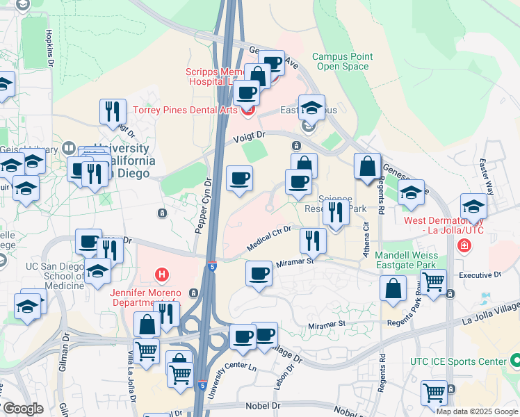 map of restaurants, bars, coffee shops, grocery stores, and more near 9300 Campus Point Drive in San Diego