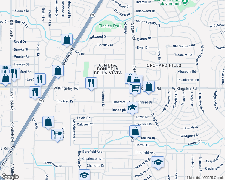 map of restaurants, bars, coffee shops, grocery stores, and more near 1530 West Kingsley Road in Garland