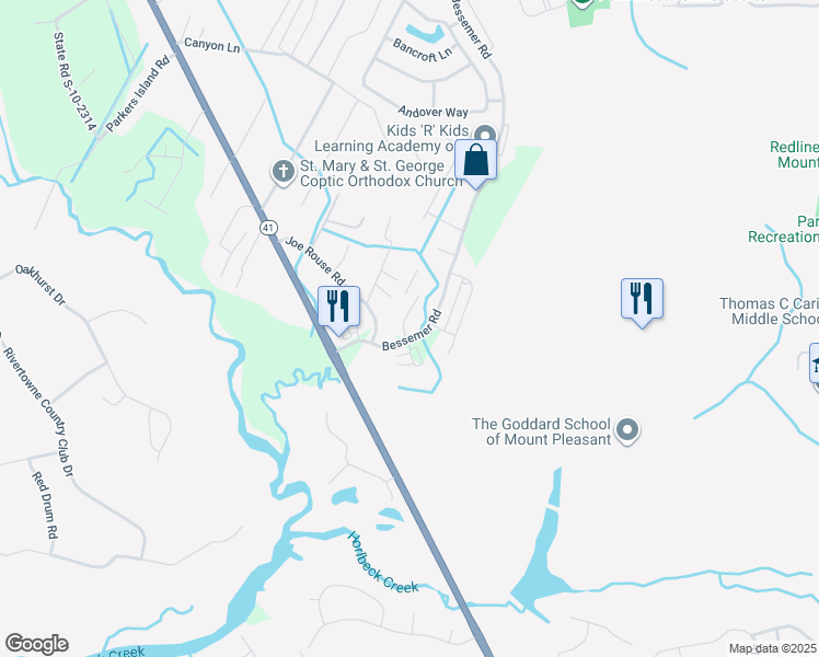 map of restaurants, bars, coffee shops, grocery stores, and more near 2581 Larch Lane in Mount Pleasant