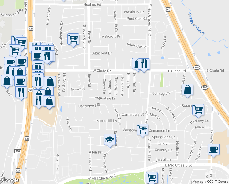 map of restaurants, bars, coffee shops, grocery stores, and more near 2909 Timothy Lane in Euless