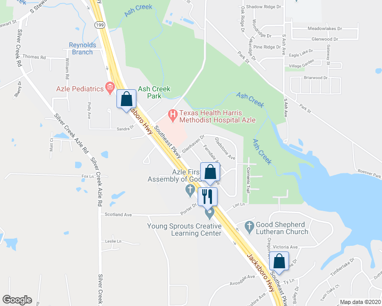 map of restaurants, bars, coffee shops, grocery stores, and more near 1004 Idlewood Avenue in Azle