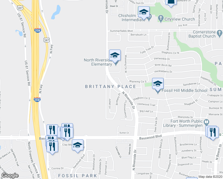 map of restaurants, bars, coffee shops, grocery stores, and more near 7584 Juliet Lane in Fort Worth