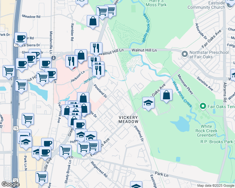 map of restaurants, bars, coffee shops, grocery stores, and more near 7431 Holly Hill Drive in Dallas