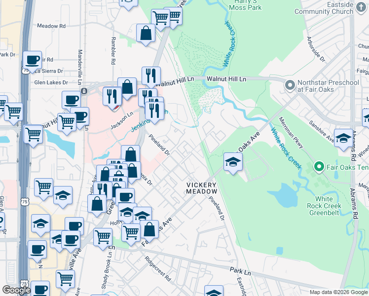 map of restaurants, bars, coffee shops, grocery stores, and more near 7431 Holly Hill Drive in Dallas