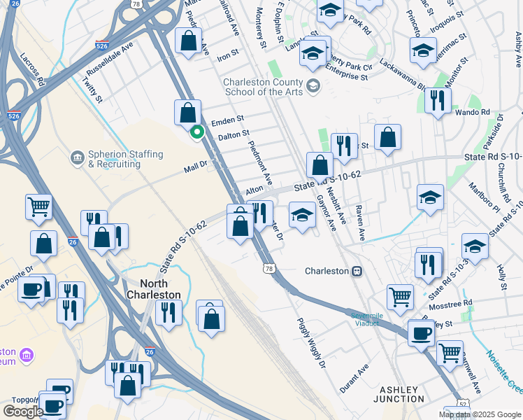 map of restaurants, bars, coffee shops, grocery stores, and more near 2032 Morningside Drive in North Charleston