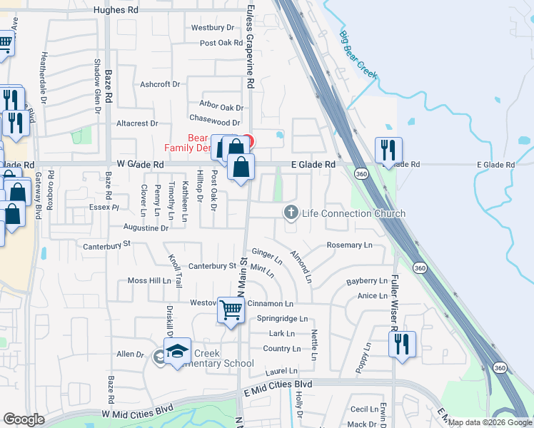 map of restaurants, bars, coffee shops, grocery stores, and more near 109 Nutmeg Lane in Euless