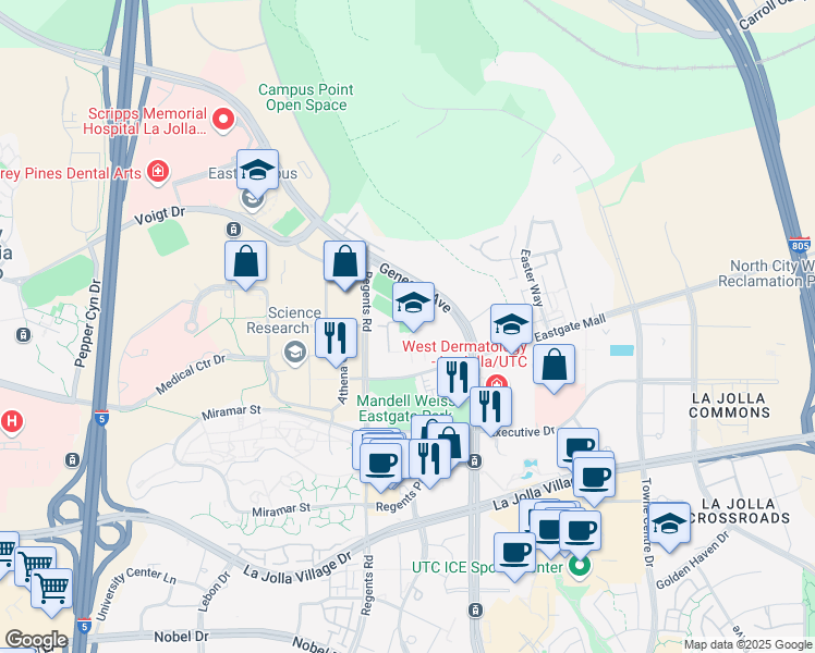 map of restaurants, bars, coffee shops, grocery stores, and more near 9490 Genesee Avenue in San Diego