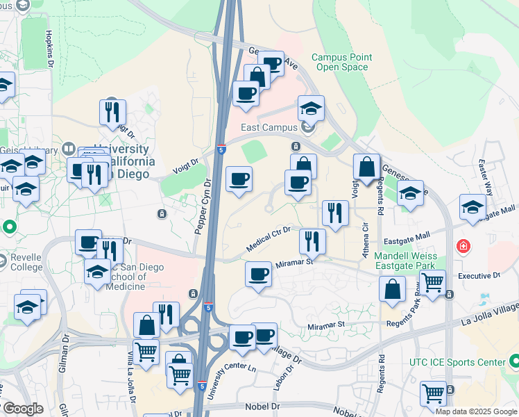 map of restaurants, bars, coffee shops, grocery stores, and more near 9452 Medical Center Drive in San Diego