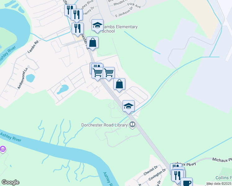 map of restaurants, bars, coffee shops, grocery stores, and more near 6518 Dorchester Road in Charleston