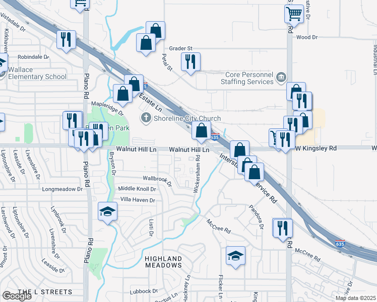 map of restaurants, bars, coffee shops, grocery stores, and more near 11048 Walnut Hill Lane in Dallas
