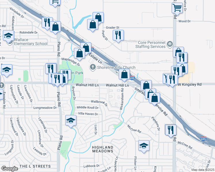 map of restaurants, bars, coffee shops, grocery stores, and more near 11030 Walnut Hill Lane in Dallas