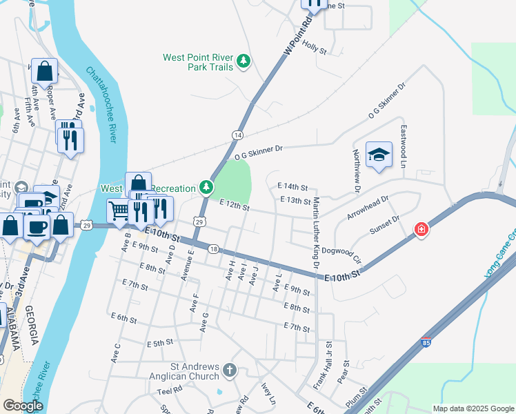 map of restaurants, bars, coffee shops, grocery stores, and more near 1003 East 12th Street in West Point