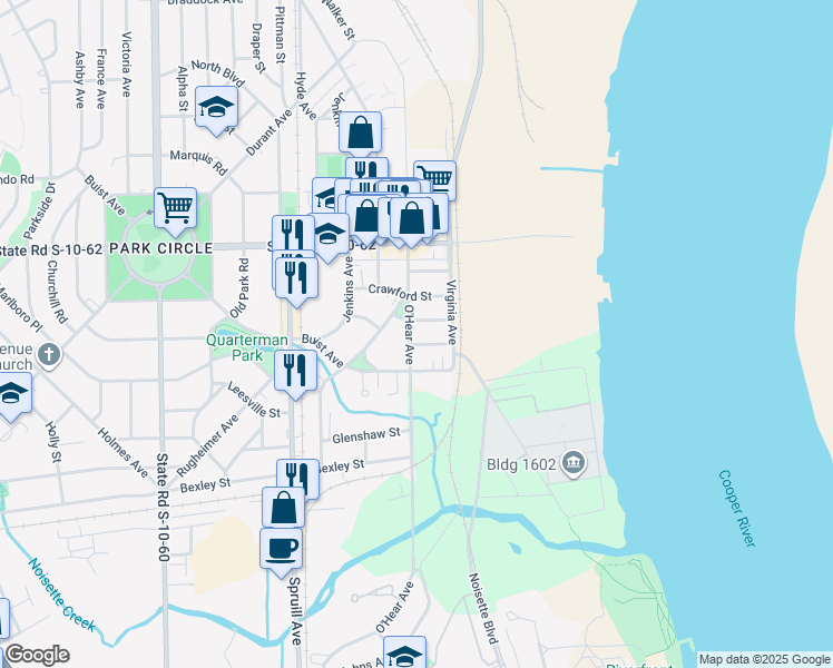 map of restaurants, bars, coffee shops, grocery stores, and more near 4644 O'Hear Avenue in North Charleston