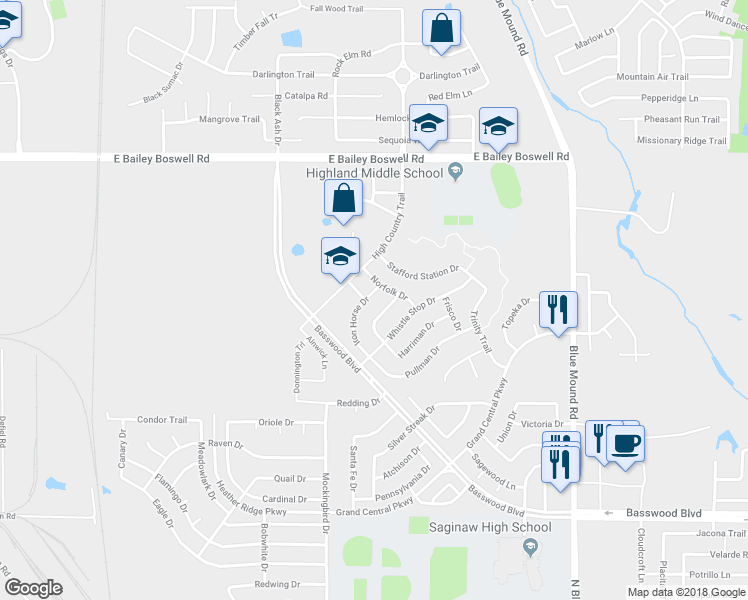 map of restaurants, bars, coffee shops, grocery stores, and more near 1105 Iron Horse Drive in Saginaw