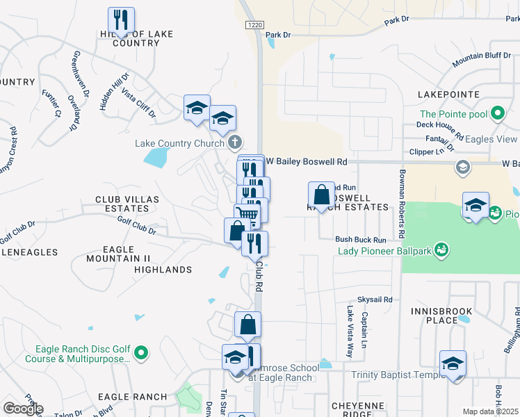 map of restaurants, bars, coffee shops, grocery stores, and more near 8331 Boat Club Road in Fort Worth
