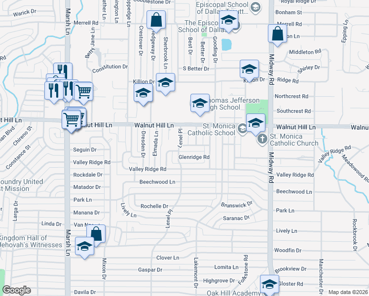 map of restaurants, bars, coffee shops, grocery stores, and more near 4012 Williamsburg Road in Dallas