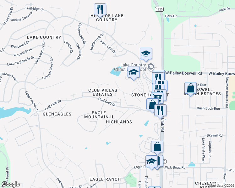 map of restaurants, bars, coffee shops, grocery stores, and more near 8419 Golf Club Circle in Fort Worth