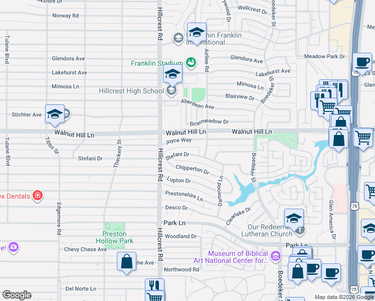 map of restaurants, bars, coffee shops, grocery stores, and more near 6959 Stefani Drive in Dallas
