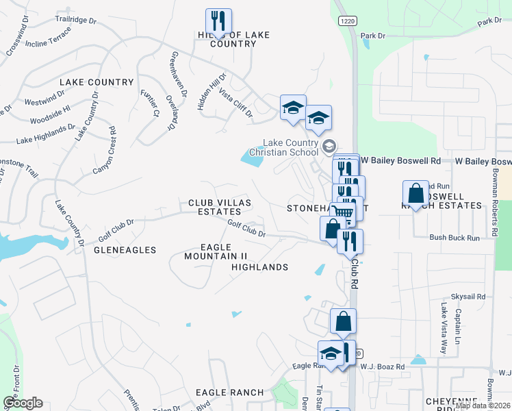 map of restaurants, bars, coffee shops, grocery stores, and more near 8418 Golf Club Circle in Fort Worth