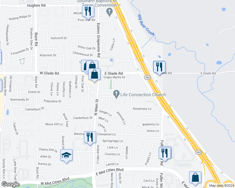 map of restaurants, bars, coffee shops, grocery stores, and more near 211 Nutmeg Lane in Euless