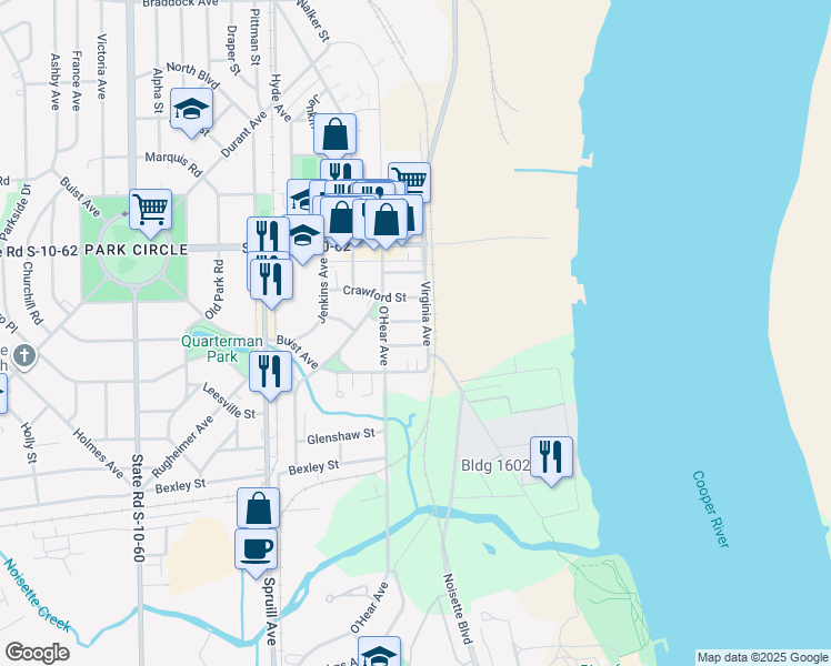 map of restaurants, bars, coffee shops, grocery stores, and more near 1004 Alamo Street in North Charleston