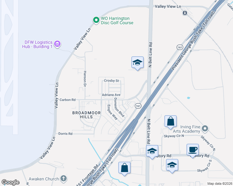 map of restaurants, bars, coffee shops, grocery stores, and more near 3615 Adriana Avenue in Irving