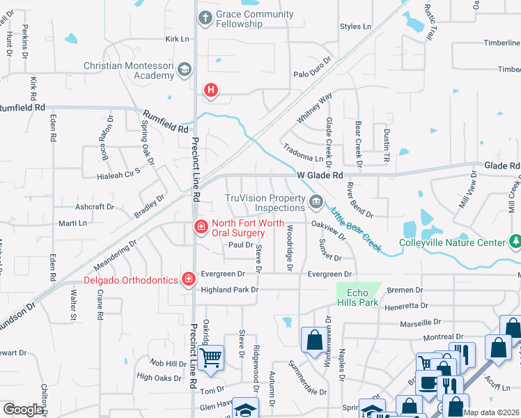 map of restaurants, bars, coffee shops, grocery stores, and more near 632 Ashley Drive in Hurst