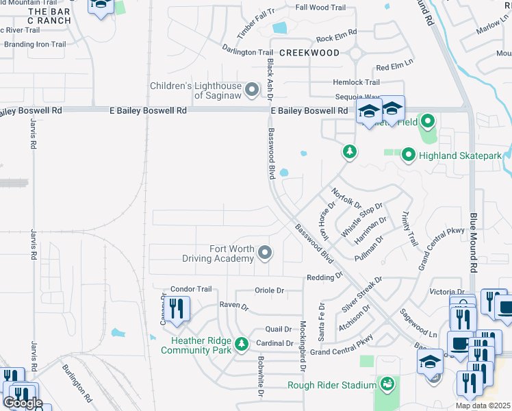 map of restaurants, bars, coffee shops, grocery stores, and more near 632 Dunster Lane in Saginaw