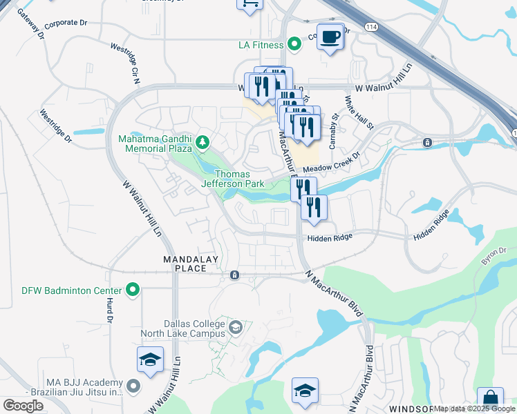 map of restaurants, bars, coffee shops, grocery stores, and more near 1131 Hidden Ridge in Irving