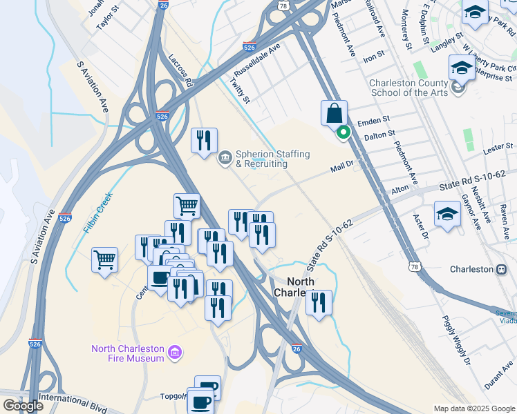 map of restaurants, bars, coffee shops, grocery stores, and more near in North Charleston
