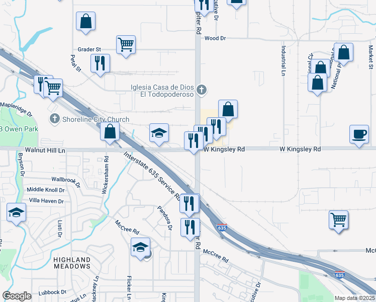 map of restaurants, bars, coffee shops, grocery stores, and more near 3500 West Kingsley Road in Garland