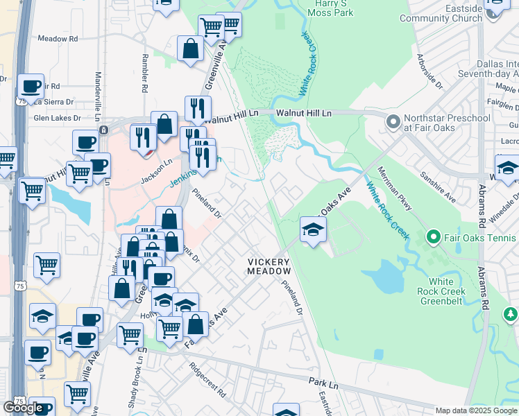 map of restaurants, bars, coffee shops, grocery stores, and more near 7431 Holly Hill Drive in Dallas