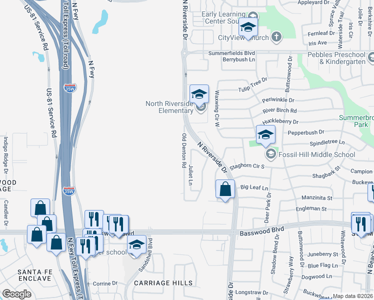 map of restaurants, bars, coffee shops, grocery stores, and more near 7584 Juliet Lane in Fort Worth