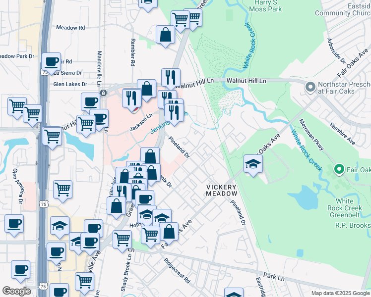 map of restaurants, bars, coffee shops, grocery stores, and more near 1 Pineland Drive in Dallas