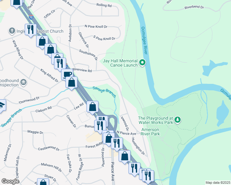 map of restaurants, bars, coffee shops, grocery stores, and more near 2750 Riverview Road in Macon