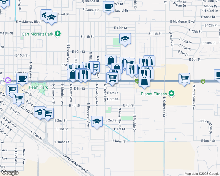 map of restaurants, bars, coffee shops, grocery stores, and more near 1120 East 6th Street in Casa Grande