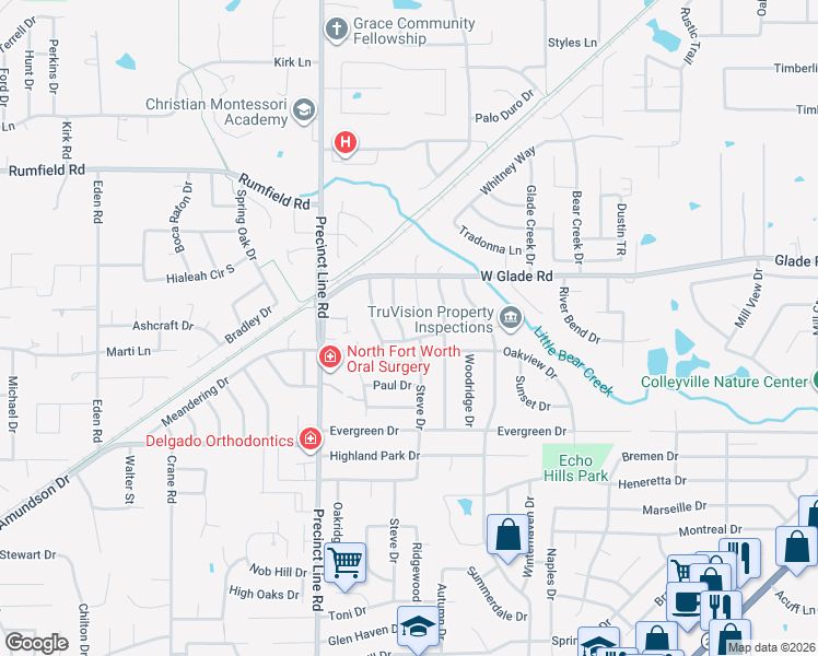 map of restaurants, bars, coffee shops, grocery stores, and more near 632 Ashley Drive in Hurst
