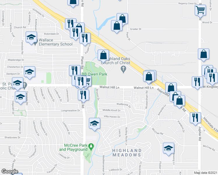 map of restaurants, bars, coffee shops, grocery stores, and more near 10950 Walnut Hill Lane in Dallas