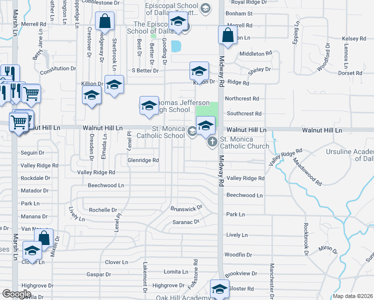 map of restaurants, bars, coffee shops, grocery stores, and more near 9922 Ontario Lane in Dallas