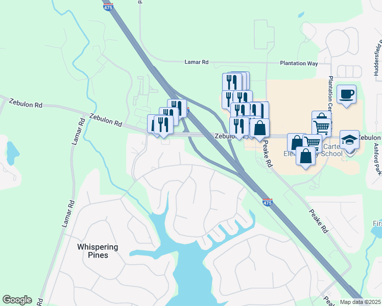 map of restaurants, bars, coffee shops, grocery stores, and more near 1069 Greentree Parkway in Macon