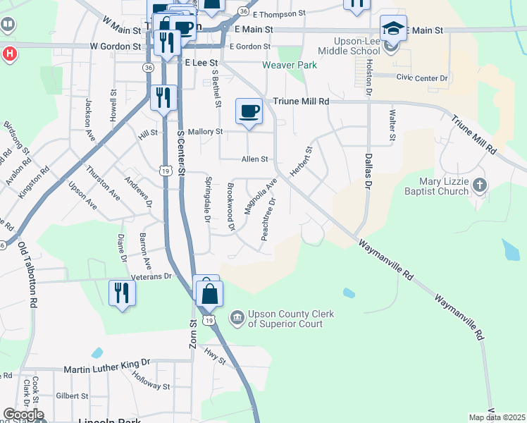 map of restaurants, bars, coffee shops, grocery stores, and more near 617 Peachtree Drive in Thomaston