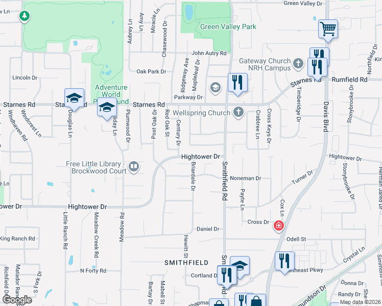 map of restaurants, bars, coffee shops, grocery stores, and more near 7809 Hightower Drive in North Richland Hills