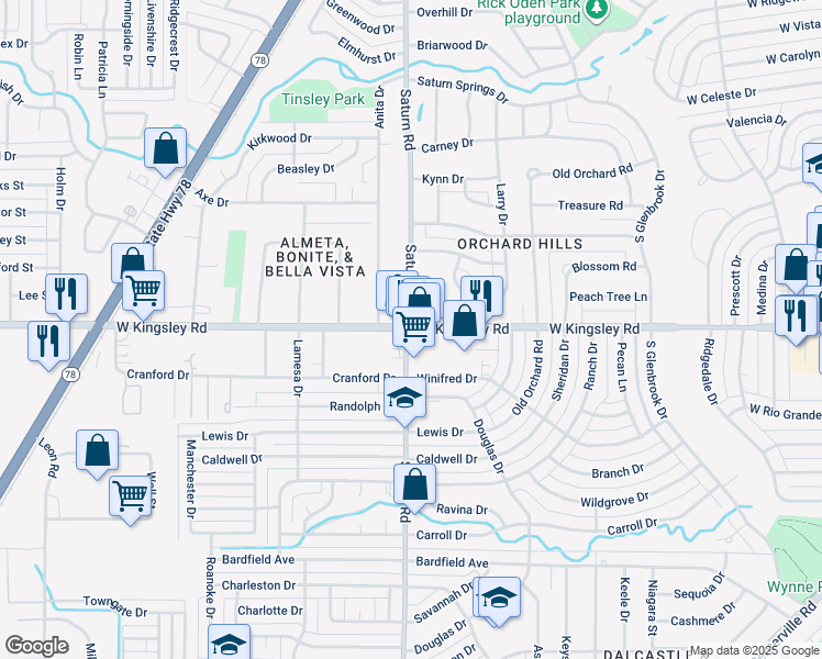 map of restaurants, bars, coffee shops, grocery stores, and more near W Kingsley Rd & Saturn Rd in Garland